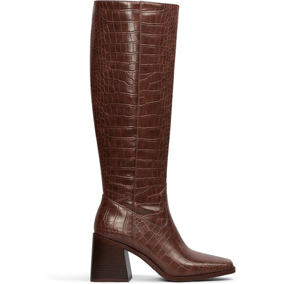 Women Brown Pu Polyurethane Knee High Square Toe Side Zipper Block Heel Boot - Picture 6 of 9